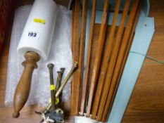 Vintage ceramic and wooden rolling pin and a vintage kitchen towel airer etc