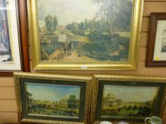 JOHN CONSTABLE gilt framed print - typical riverside scene with horses, along with two framed prints
