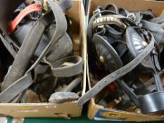 Two boxes of shire/heavy horse tack and leather work with brass dressings and fittings