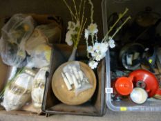 Three boxes of mixed items including metalware, lighting etc