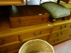 Vintage wooden box, footstool on bun feet and a wicker basket