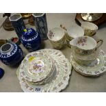 Pair of Prunus Blossom ginger jars, pair of blue and white chimney vases, quantity of Staffs teaware