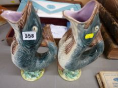 Two Majolica fish glug jugs