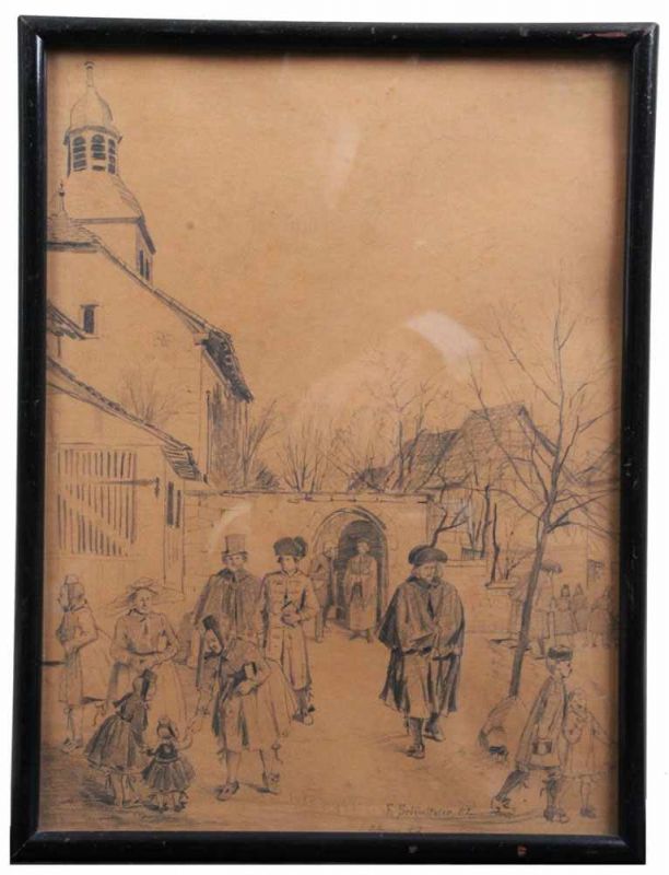 Schnitzler, Fritz Xavier. 1851 - 1920.Nach dem Kirchgang. R. u. sign. und dat. (18)82 u. bez. Ostern