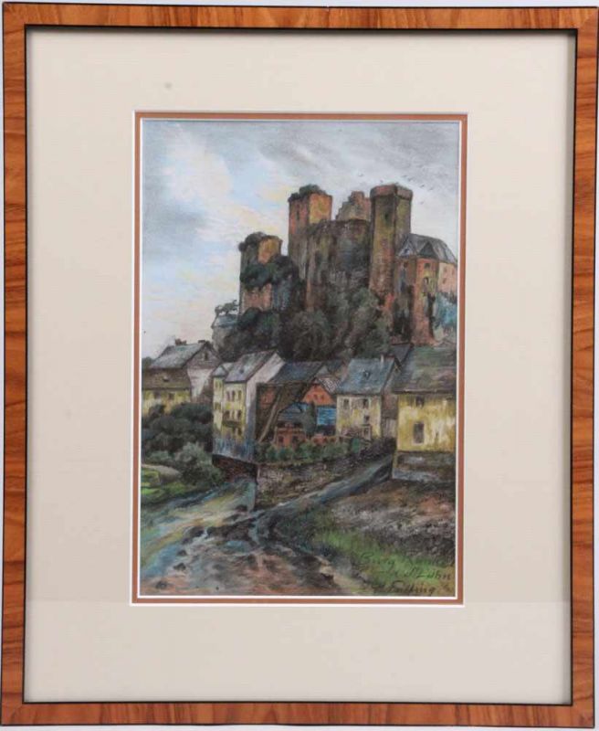 Unbekannt, 20. Jh.Burg Runkel a. d. Lahn. Aquarell. L. u. sign. und bez. Hinter Glas. H: 30,5 x 21