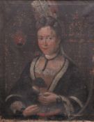 Deutsch, 18. Jh.Portrait. Bildnis einer adeligen Dame in Festtagstracht, auf dem Schoß kleiner Hund.