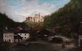Unbekannt, Italien 19. Jh.Südtiroler Bauerngehöft mit Figurenstaffage, im Hintergrund Burgenanlage