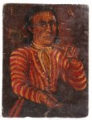Herrenportrait.Bildnis eines Mannes in rot-weiß gestreiftem Wambs, einen Spaten geschultert. Darüber