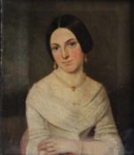 Biedermeierportrait. 1. H. 19. Jh.Bildnis einer jungen Frau mit Gold- und Perlenschmuck. Öl/Lwd.