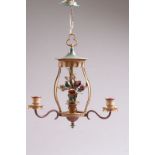 Deckenlampe.Italien, 20. Jh. Dreiarmiges Eisengestell, farbig bemalt. H: 46 x 42 cm. Min. besch.