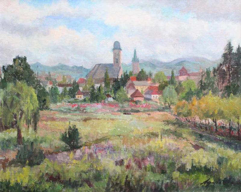 Unbekannt, um 1960.Thüringische Landschaft. Öl/Lwd. Rahmen. H:60 x 75 cm. 20.00 % buyer's premium on