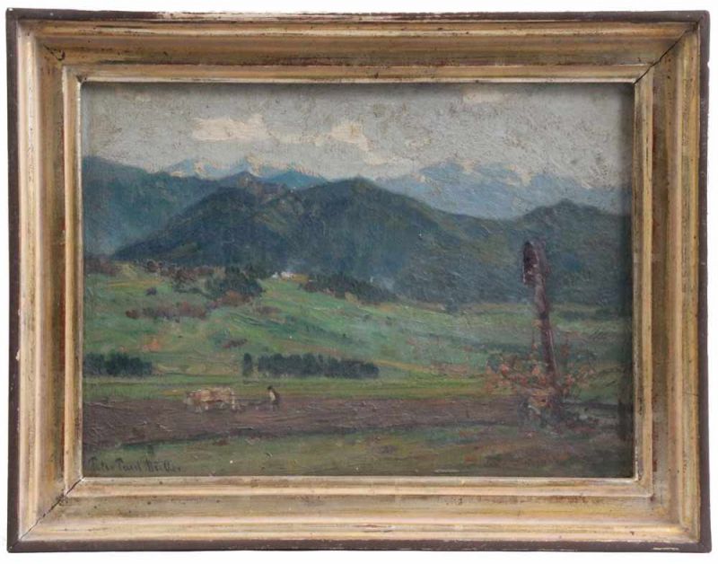 Müller, Peter, Paul. 1853 München - Weimar.Pflügender Bauer vor Alpenpanorama. Öl/Karton. H: 24 x 33