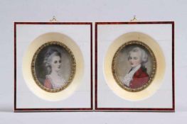 Paar Miniaturen.Damen- und Herrenportrait. Farbige Miniatur auf Bein, Kasettenrahmen mit ovalem