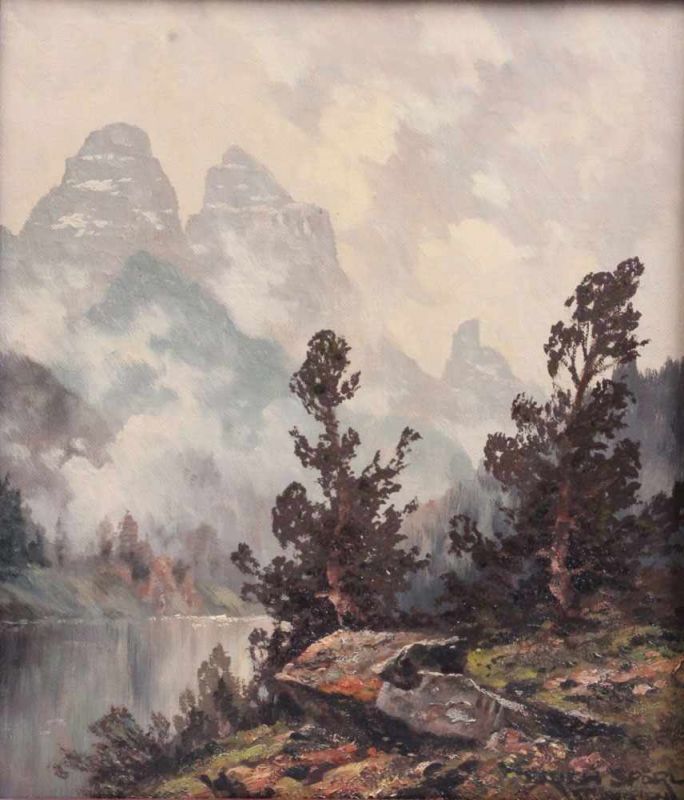 Spörl, Erich. 20. Jh.Herbstmorgen am Misurina See ( Dolomiten) Öl/Lwd. H: 41 x 35 cm. Rahmen H: 51 x