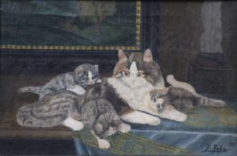Jahn K. Deutsch, um 1935.Katzenfamilie. Öl/Lwd. R. u. sign. und dat. H: 28 x 42 cm, Rahmen H: 35 x