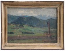 Müller, Peter, Paul. 1853 München - Weimar.Pflügender Bauer vor Alpenpanorama. Öl/Karton. H: 24 x 33