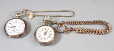 Zwei Taschenuhren.Silbergehäuse (SD Metall), ein Zifferblatt besch. kleine Sekunde. Uhrenkette, eine