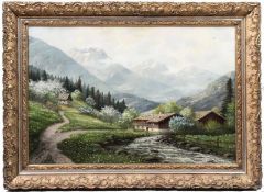 Wieduwilt, Franz Otto. 20. Jh.Vorfrühling im Gebirge. Blühende Obstbäume, Bauernhaus mit Bachlauf.