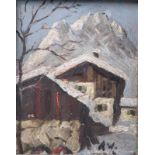 Wallberg, Alfred ?. 20. Jh.Bergbauernhof im Winter. R. u. monogr. Öl/Karton. H: 16, 5 x 13,5 cm.