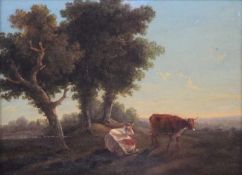 Holland, 17./18. Jh.Kühe vor einer Baumgruppe in weiter Landschaft, im Hintergrund Gehöft. Feine