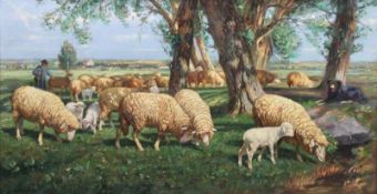 Erlemann, Wolfgang. 1922 - 1955.Schafe auf der Weide. Öl/Lwd. L. u. sign. H: 70 x 128 cm. Rahmen. H: