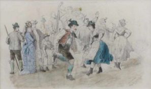 Braun, Louis. 1836 -1916.Schuhplattler. Bleistiftzeichnung koloriert. R. u. sign. Passepartout