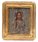 Ikone.Moskau, 19. Jh. Segnender Christus unter vergoldetem Silberoklad. Gemarkt Moskau 1869, 84