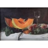 Stillleben. 20. Jh.Auf einem Tisch Melone mit Früchten. L.u. undeutlich sign. Öl/Lwd. H: 30 x 43 cm.