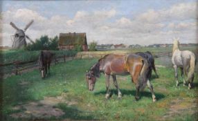 Monogrammist "AR", 19. Jh.Pferde auf der Weide in Landschaft. L.u. Monogr. u. dat." (18)99". Öl/Lwd.