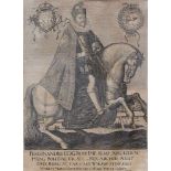 Kaiser Ferdinand II. zu Pferd, Kupferstich, um 1630, 27,5 x 19,5 cm, mit Legende, Passepartout,