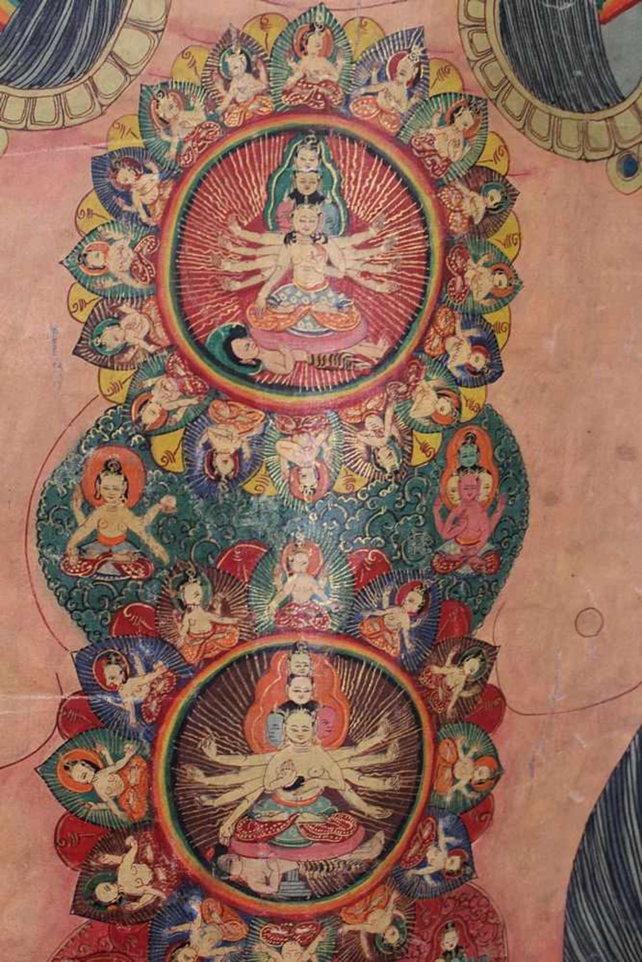 Monumentaler Thangka, Tibet 19.Jh. mit großer Tara und Bodhisattvas in Medaillons als Vermitter - Image 4 of 7