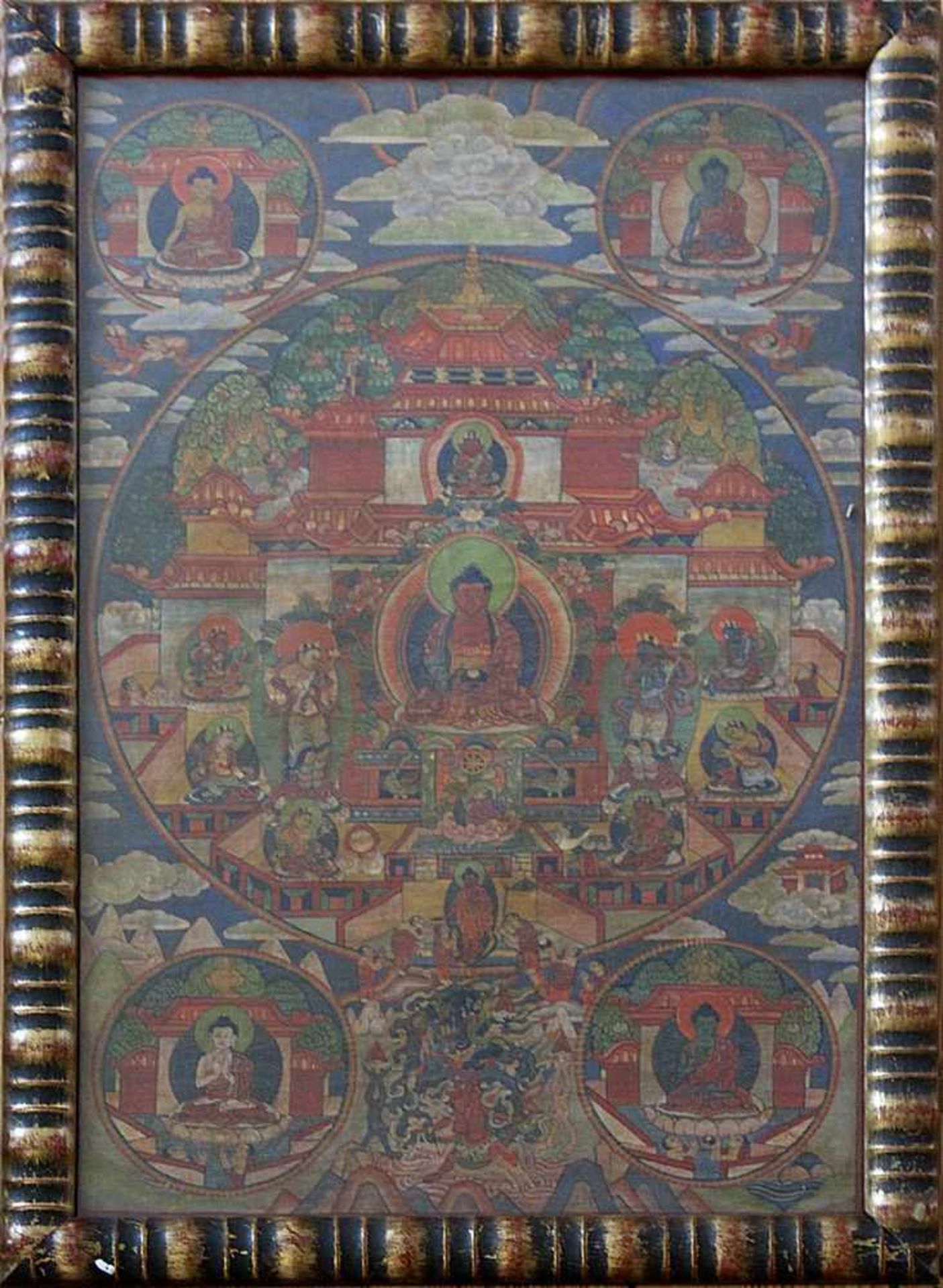 Thangka, Tibet 18.Jh. Tempera auf Leinwand, unter Glas gerahmt. Im Zentrum meditierender Buddha