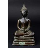 Buddha, Siam, 17. Jh., Bronze, auf Thron sitzend in meditierender Haltung, schöne grünbraune Patina,