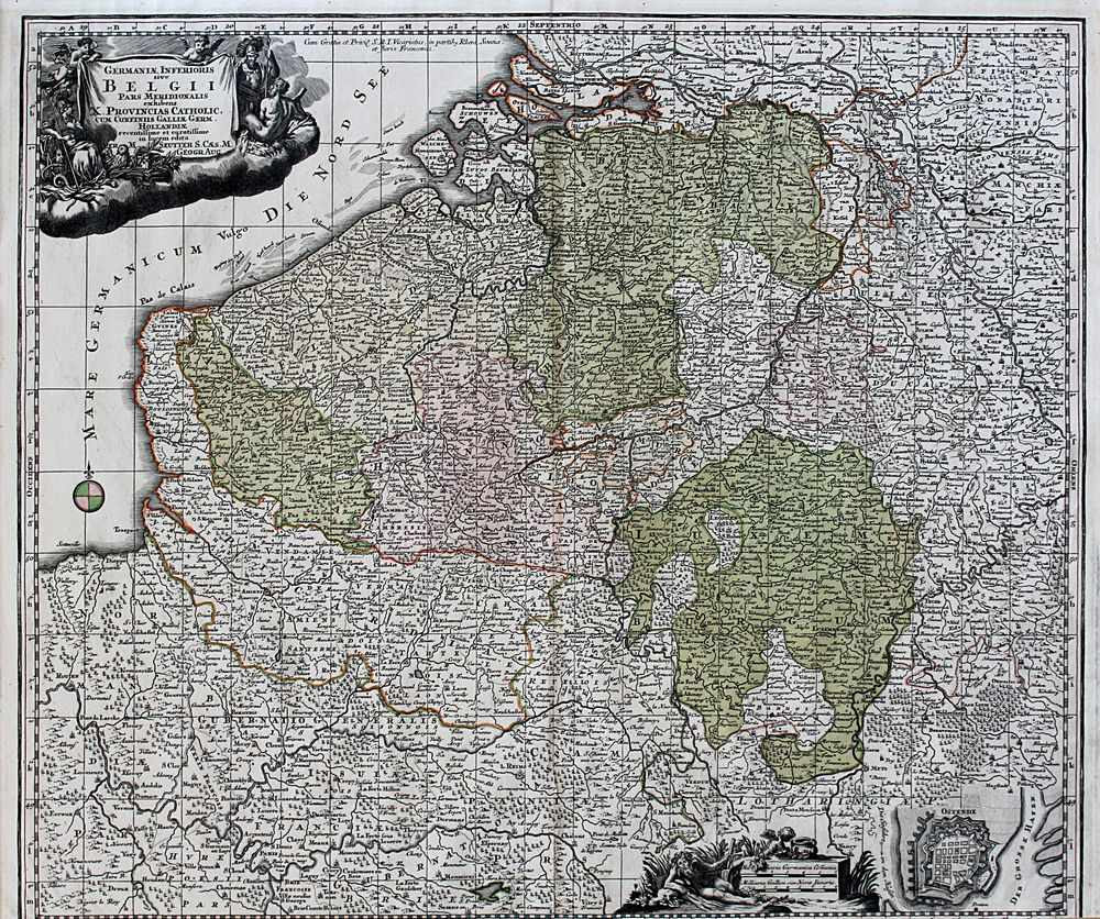 Karte von Belgien, Germaniae inferioris sive Belgii ..., kolorierte Kupferstichkarte von Matthäus
