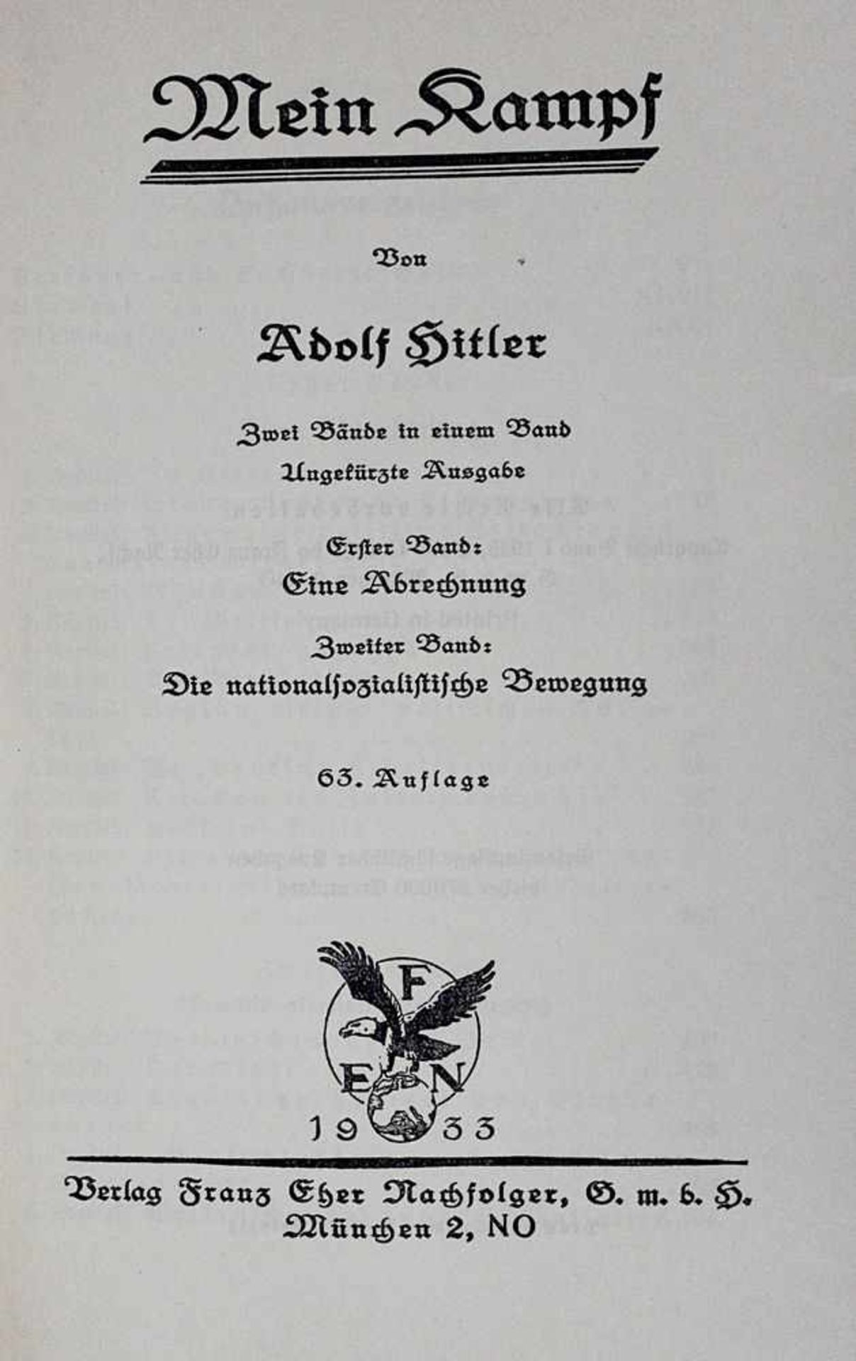 Hitler, Adolph, Mein Kampf, zwei Bände in einem Band, 63. Auflage, Verlag Franz Eher Nachfolger,