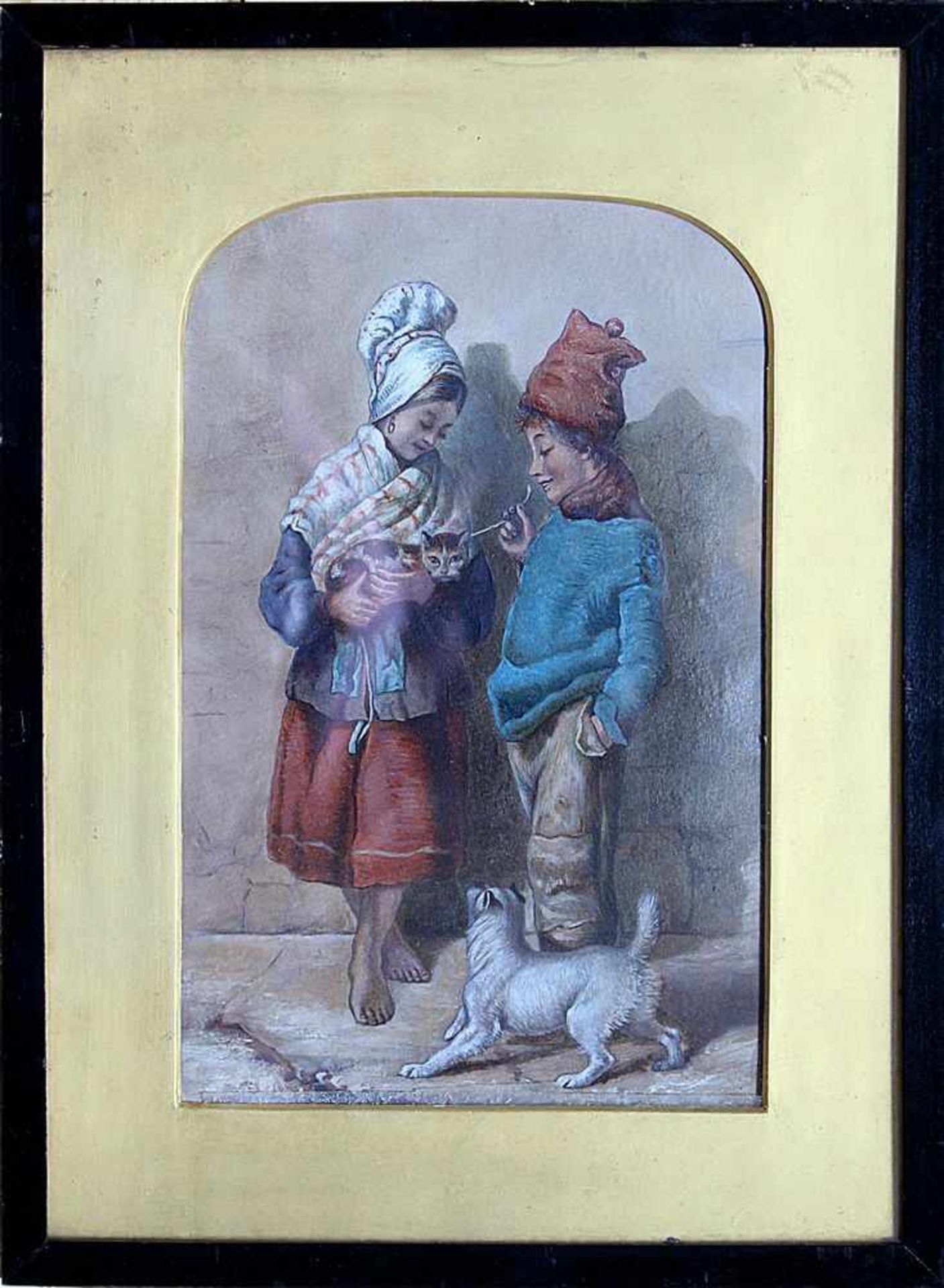 Genremaler, wohl Italien, Ende 19. Jh., Kinderpaar mit Katze und Hund, Mischtechnik, ca. 23 x 15