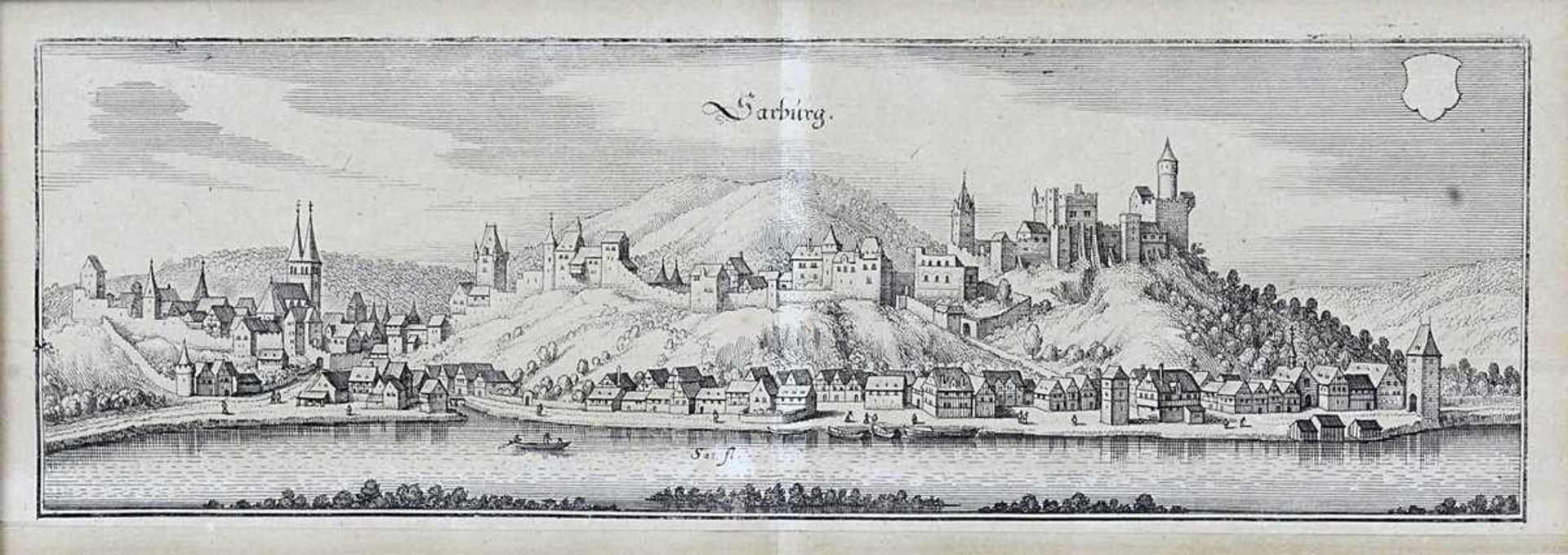 Saarburg, Blick über die Saar auf Burg und Stadt mit der Laurentiuskirche, Kupferstich von M. Merian