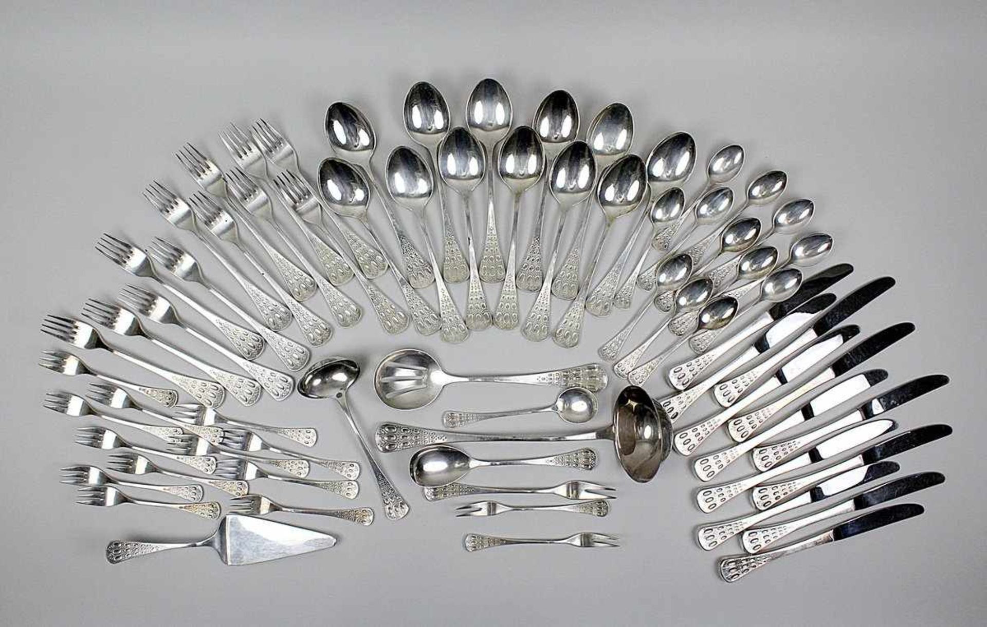 Besteck für 12 Personen, 925er Silber, Rosenthal, Entwurf von Björn Wiinblad um 1960, Dekor Romanze,