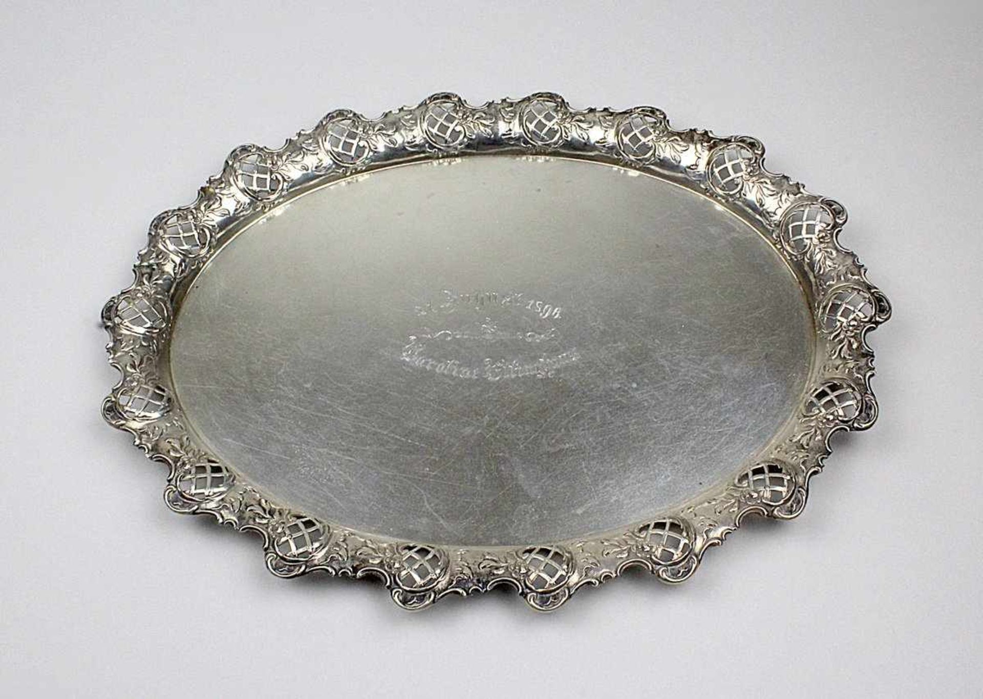 Silbertablett, Wilhelm Binder, Schwäbisch Gmünd, 1896, ovales Tablett aus 800er Silber im Rokokostil