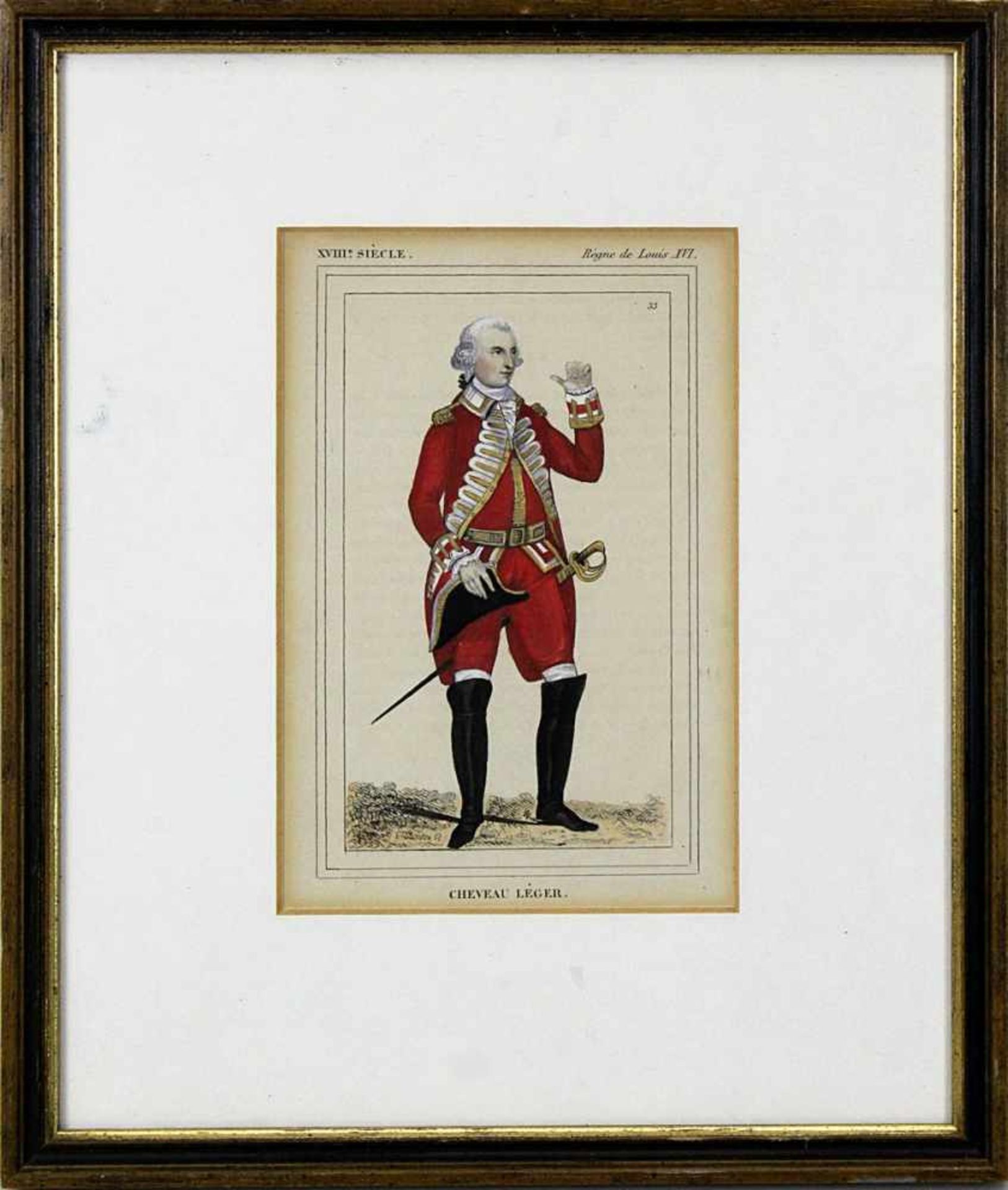 Cheveau Léger, Règne de Louis XVI., kolorierter Kupferstich, um 1800, 15 x 9 cm, Papier an den