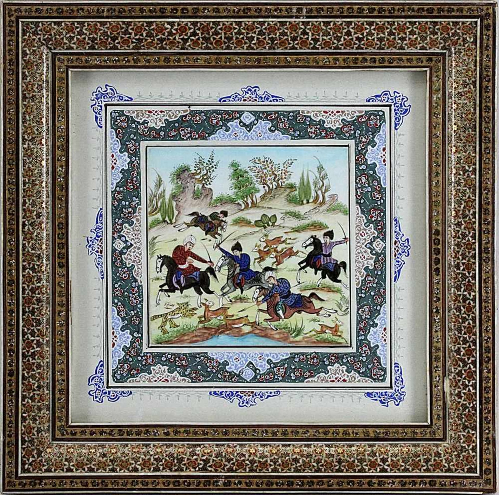 Isfahaner Malerei im Mosaikrahmen, Jagdszene, Iran um 1970, Tempera auf quadratischer Platte aus
