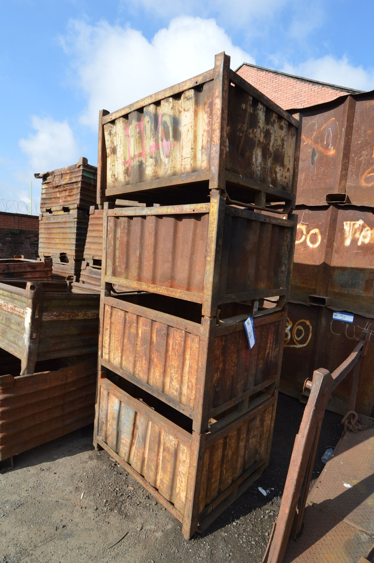 Four Stacking Steel Box Pallets, each approx. 1.1m x 970mm x approx. 540mm deep