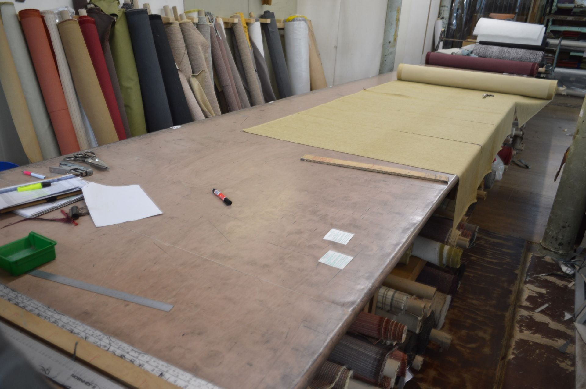 Timber Framed Cloth Laying Up Table, approx. 10m long x 1.5m wide with two cloth roll stands (not - Bild 2 aus 2