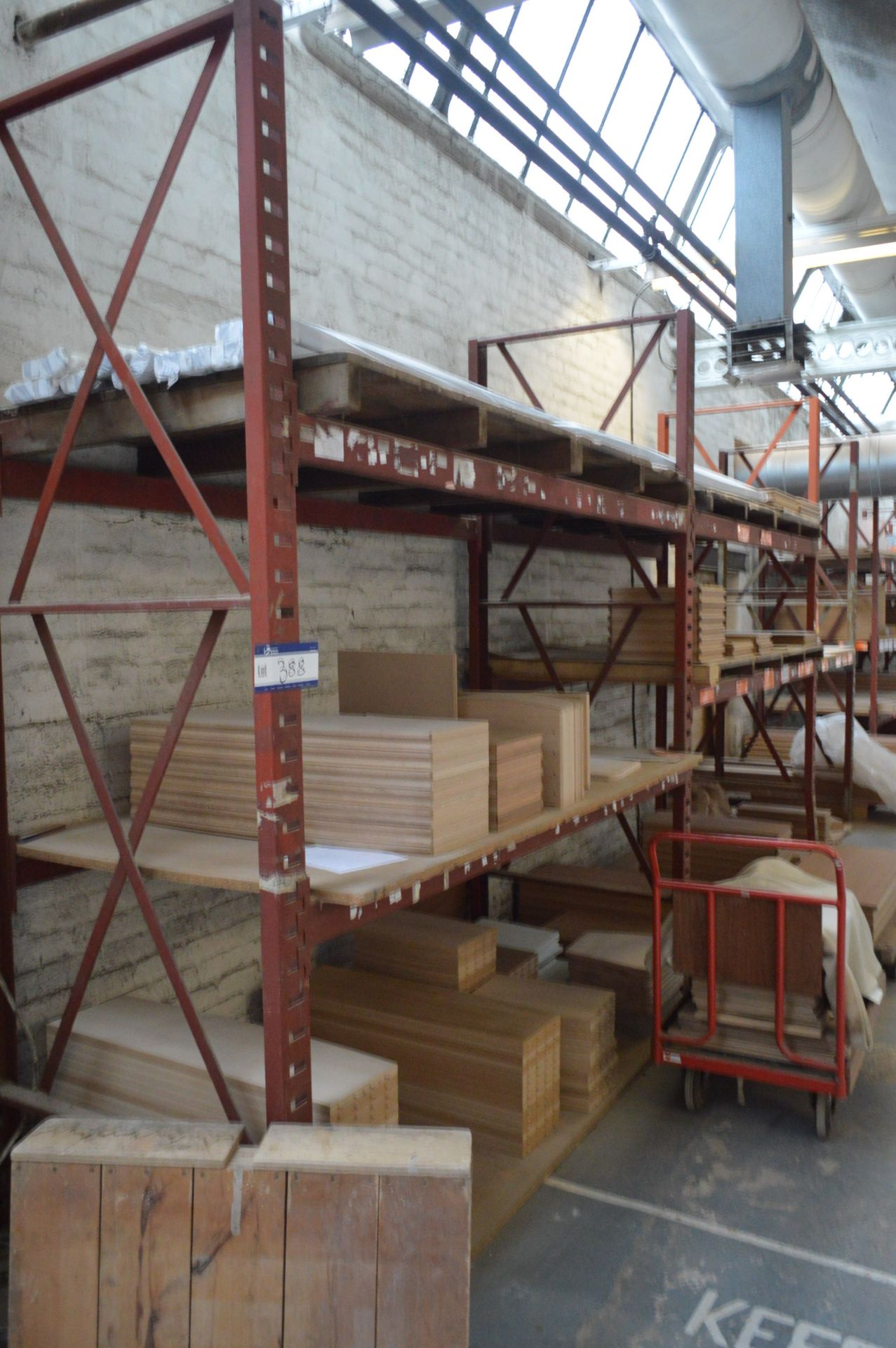 Three-Bay Multi-Tier Pallet Rack, with timber shelving (contents not included) (reserve removal