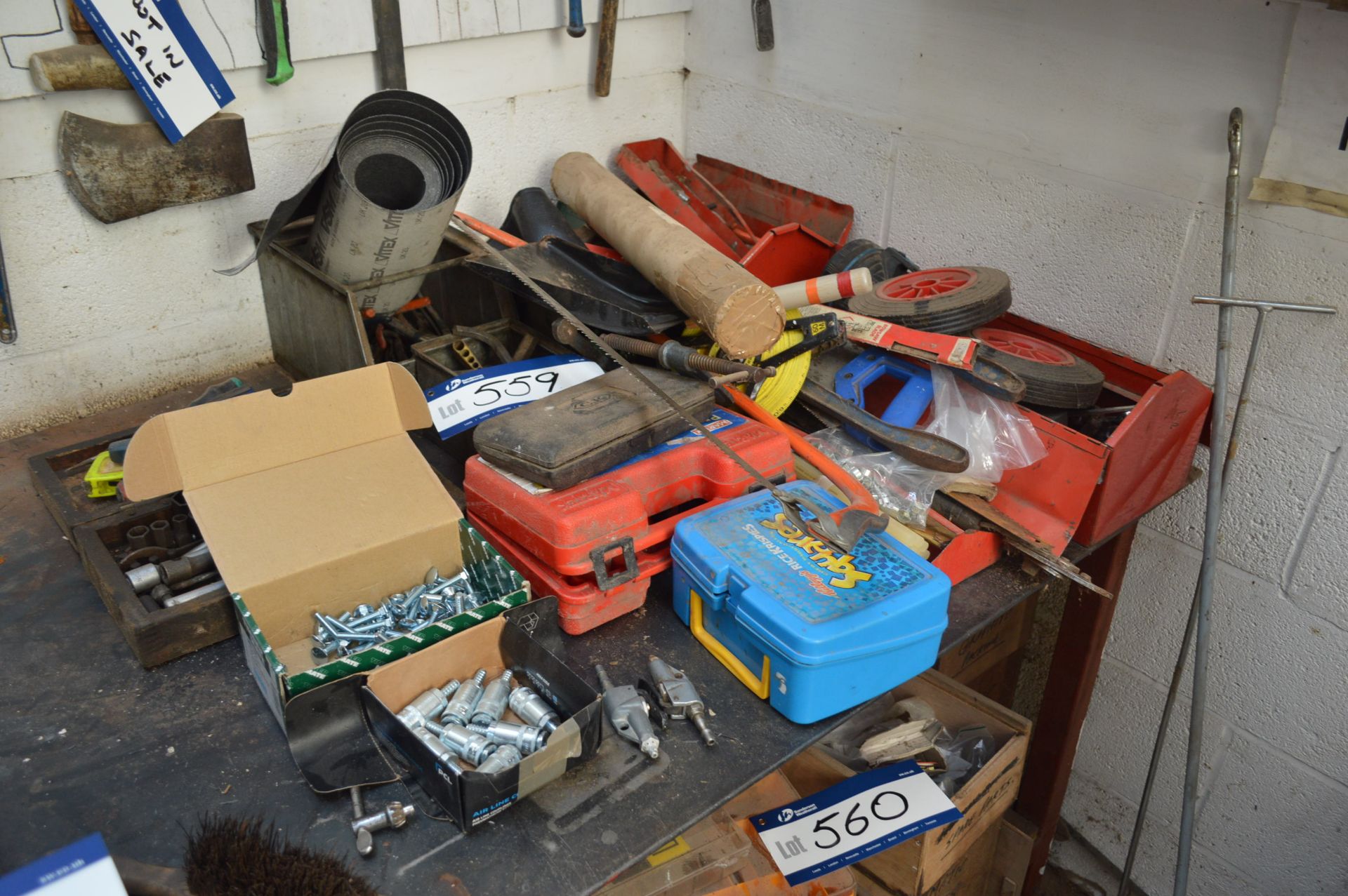 Assorted Hand Tools and Equipment, as set out on bench on right hand side