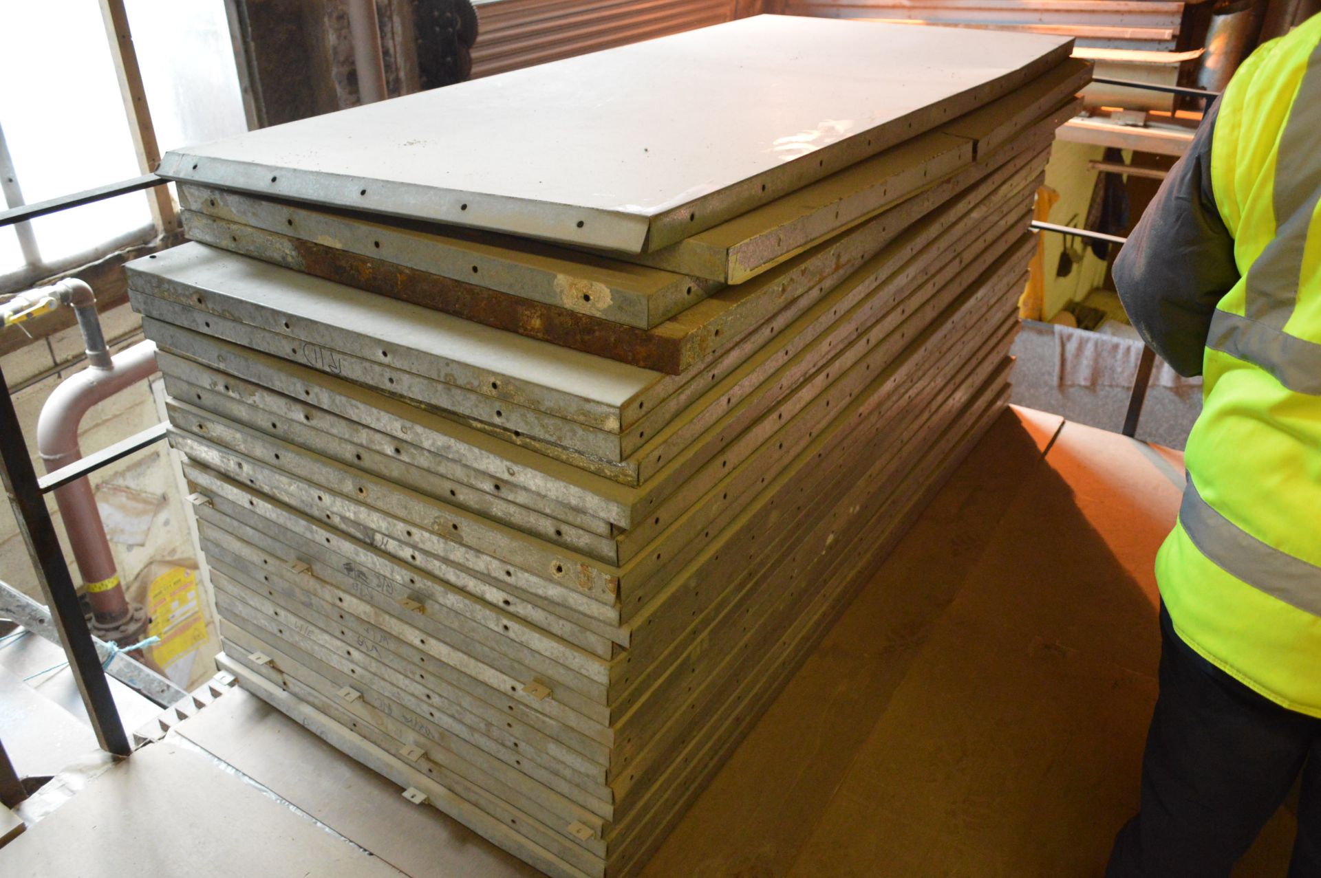 Galvanised Steel Partitioning Sections as set out in one stack, each approx. 2.2m x 1m