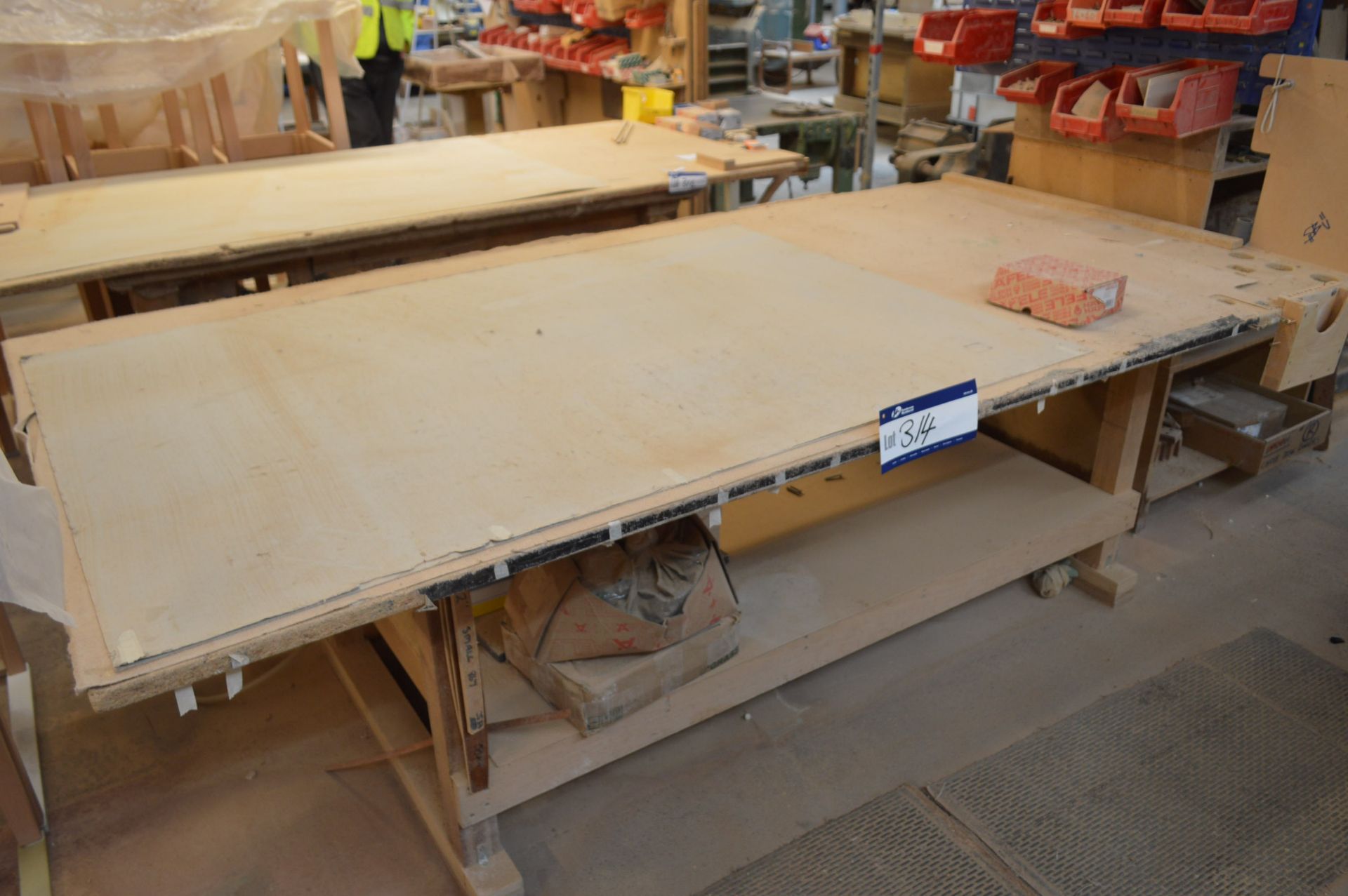 Two Timber Benches, one bench fitted joiner’s vice