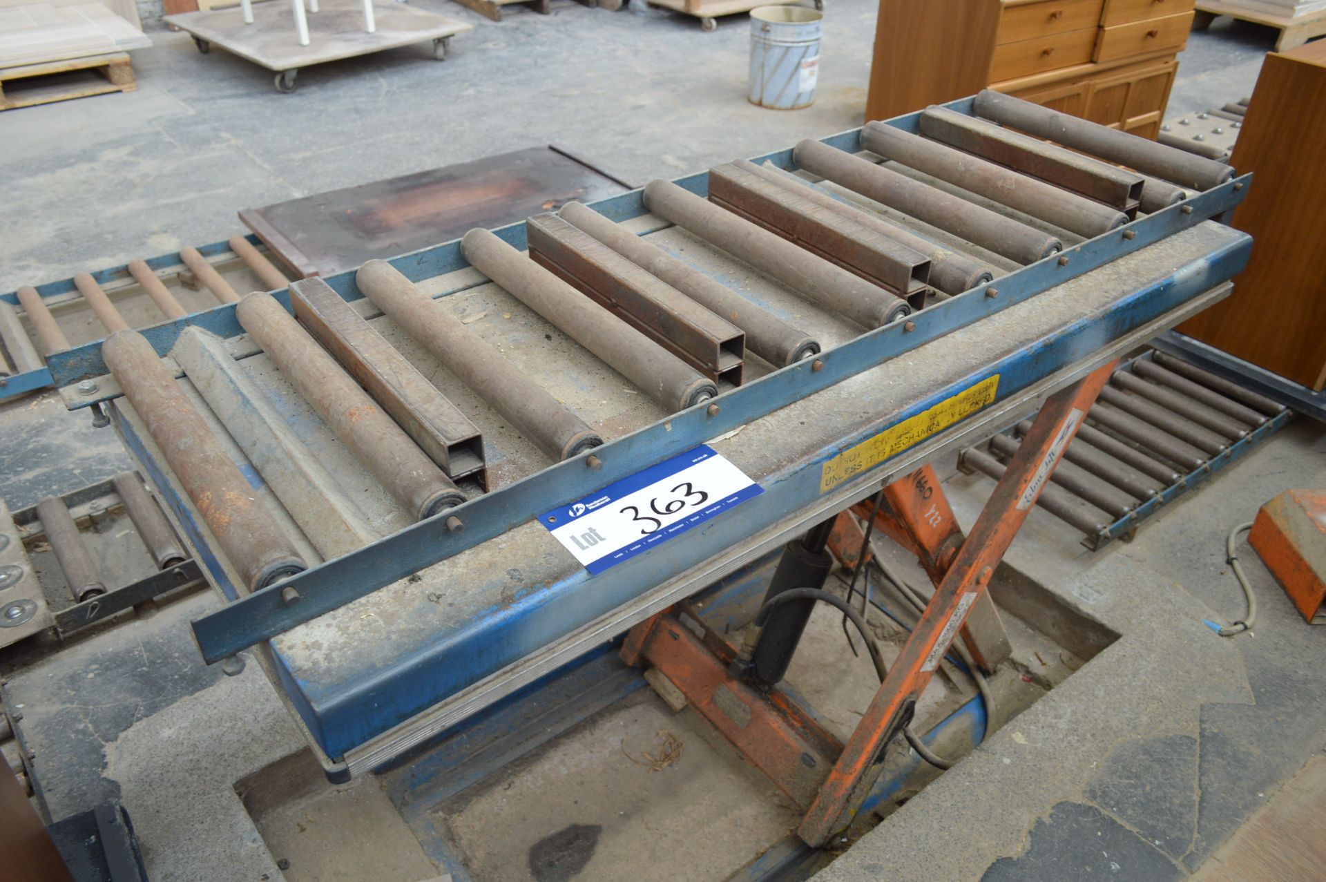 Edmo 1000kg cap. Scissor Lift Table, approx. 1.5m x 700mm, with 450mm wide roller conveyor. Please