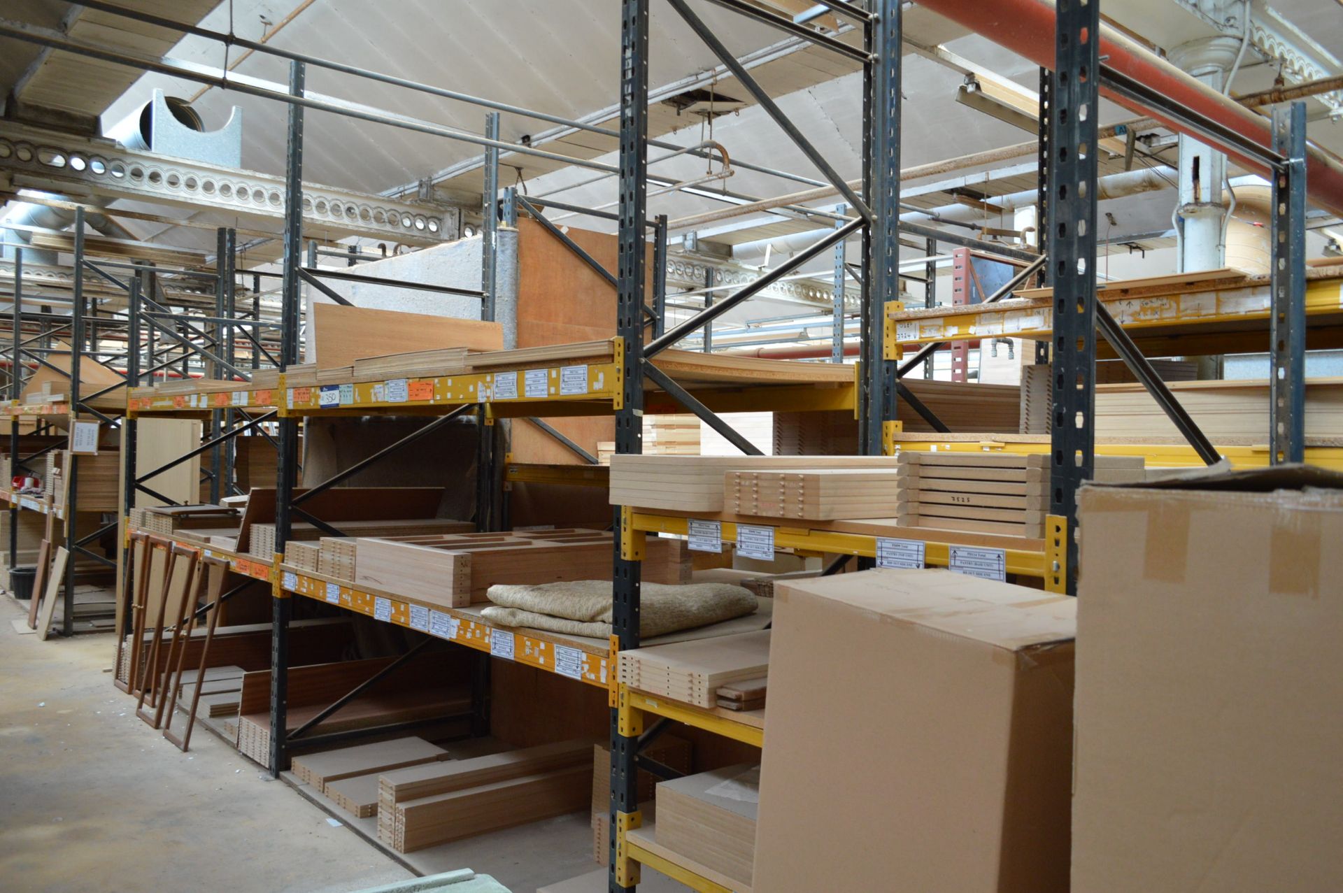 Link 51 M Three-Bay Multi-Tier Pallet Rack, with timber shelving, (contents not included) (reserve