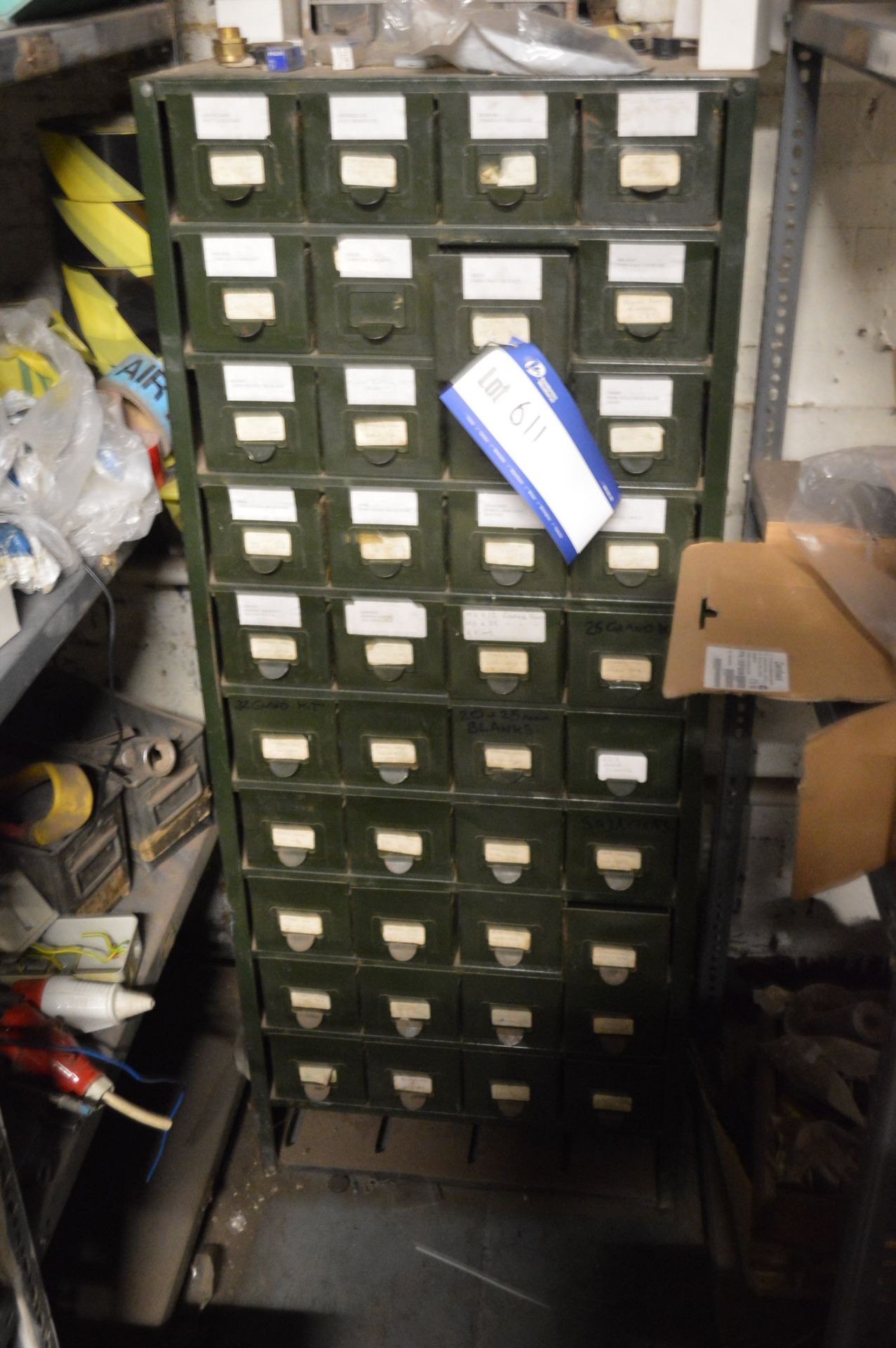 Multi Drawer Steel Cabinet, with contents including conduit fittings